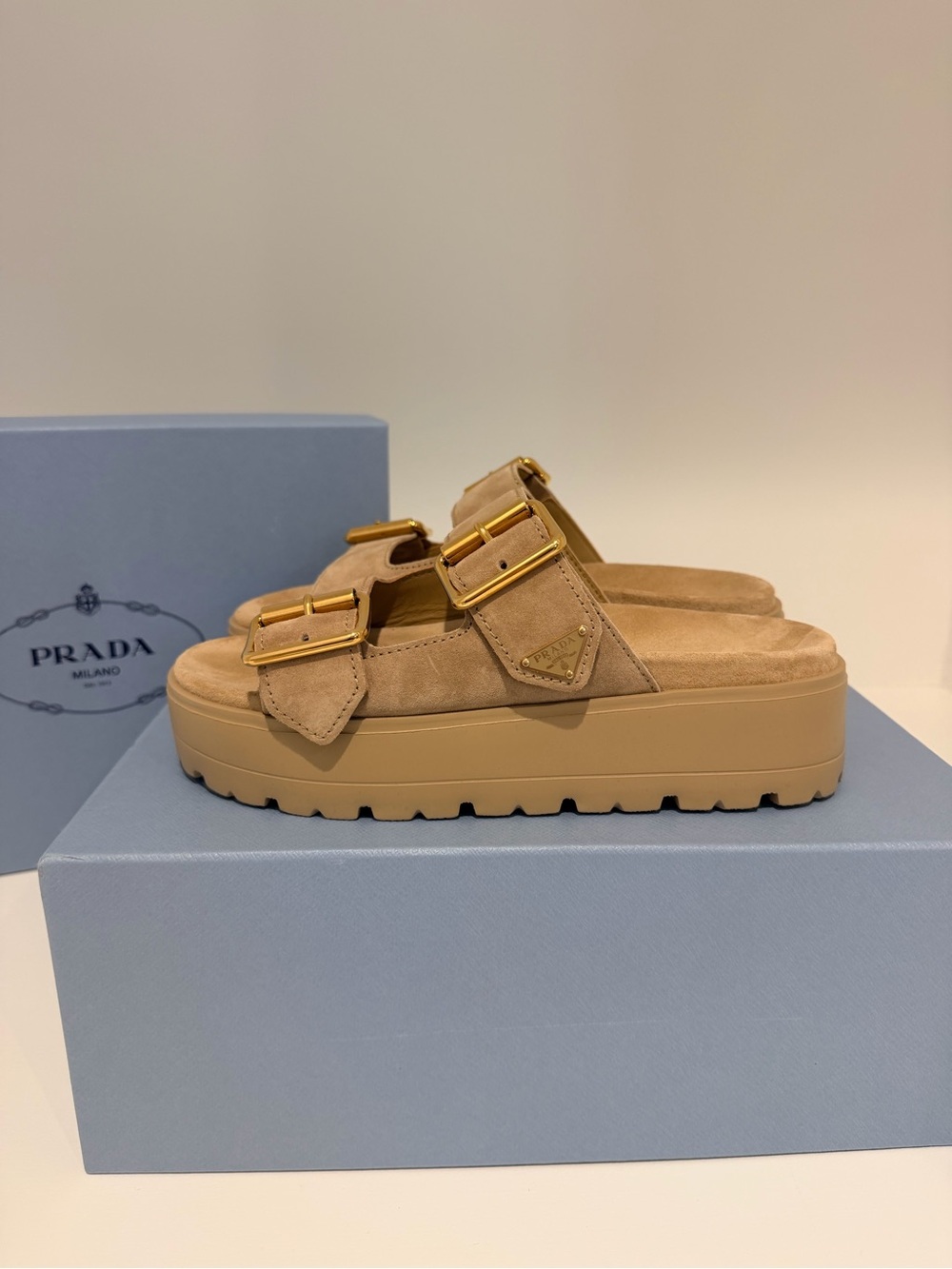 NWT SIZE 38- Prada Tan Suede Dual-Buckle Platform Sandals - Picture 6 of 8